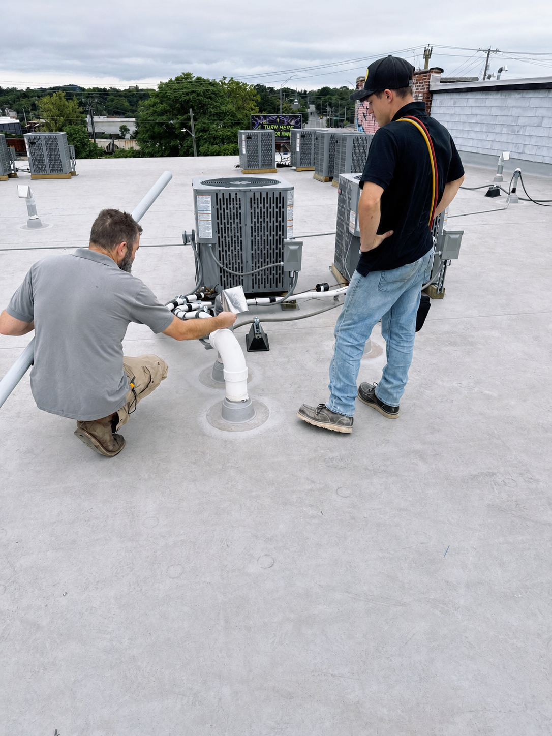 John Calhoun Electric HVAC technicians working on rooftop equipment