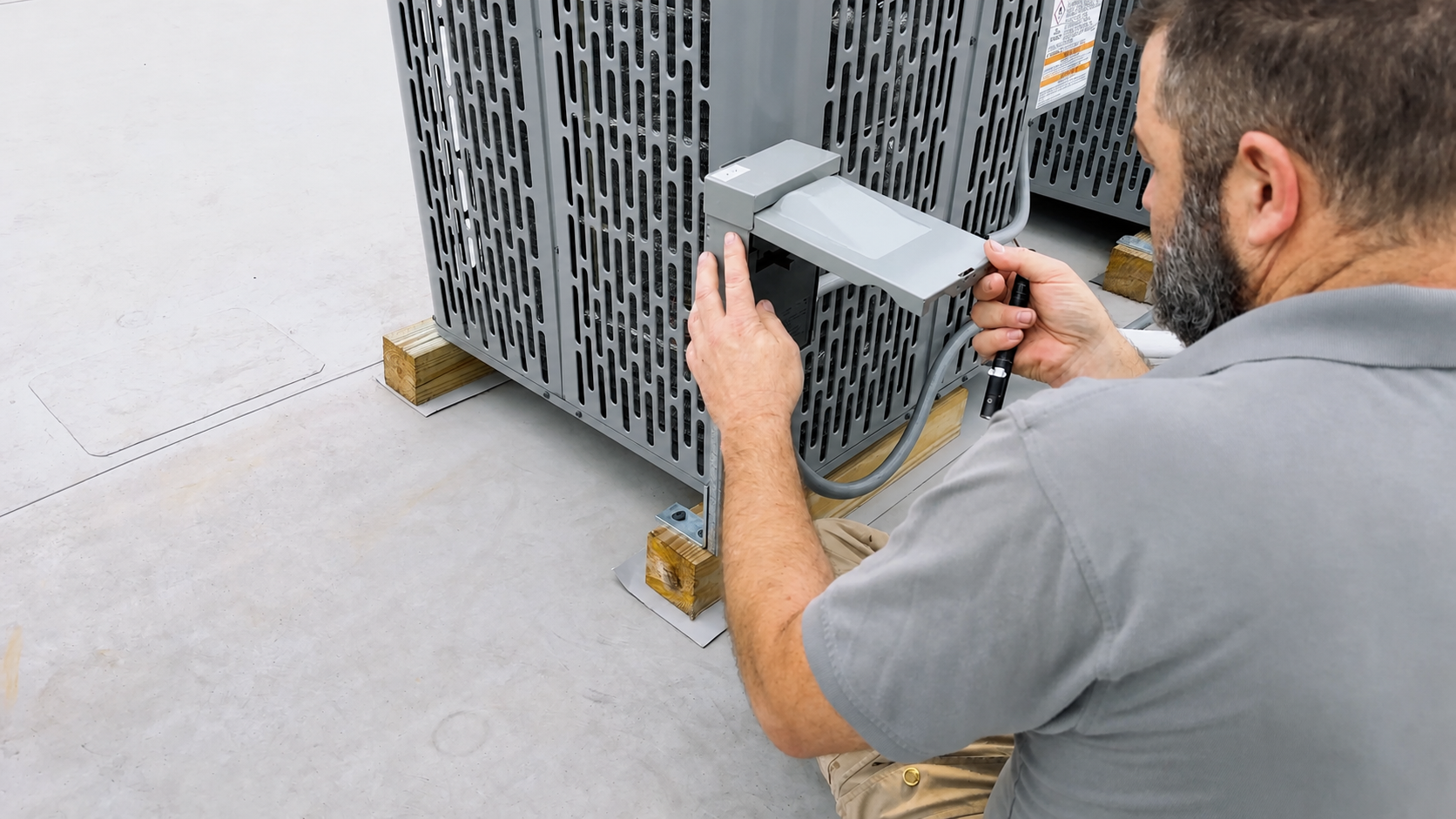 HVAC technician inspecting an electrical disconnect beside rooftop air conditioning units